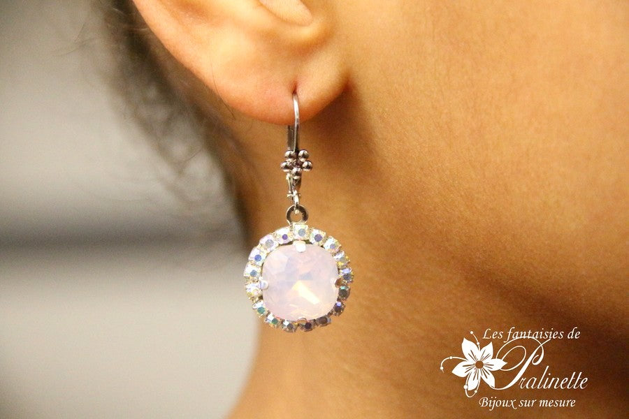 Boucles d'oreilles en crital rose opal et strass Lovely