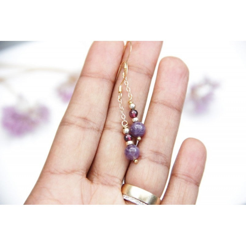 Crochets boucles d'oreilles Mathil pendantes améthyste et grenat