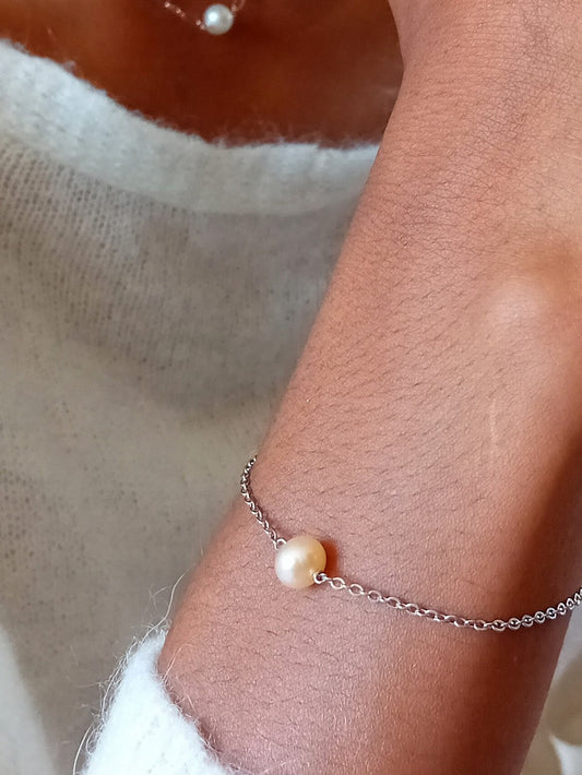 Bracelet Nilé perle d'eau douce pêche et acier inoxydable argenté