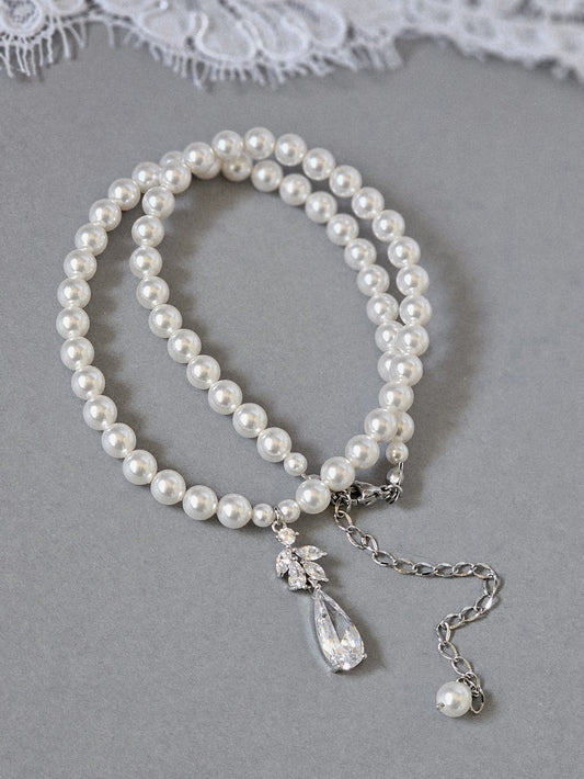 Collier mariage de perles et pendentif zirconium Agathe