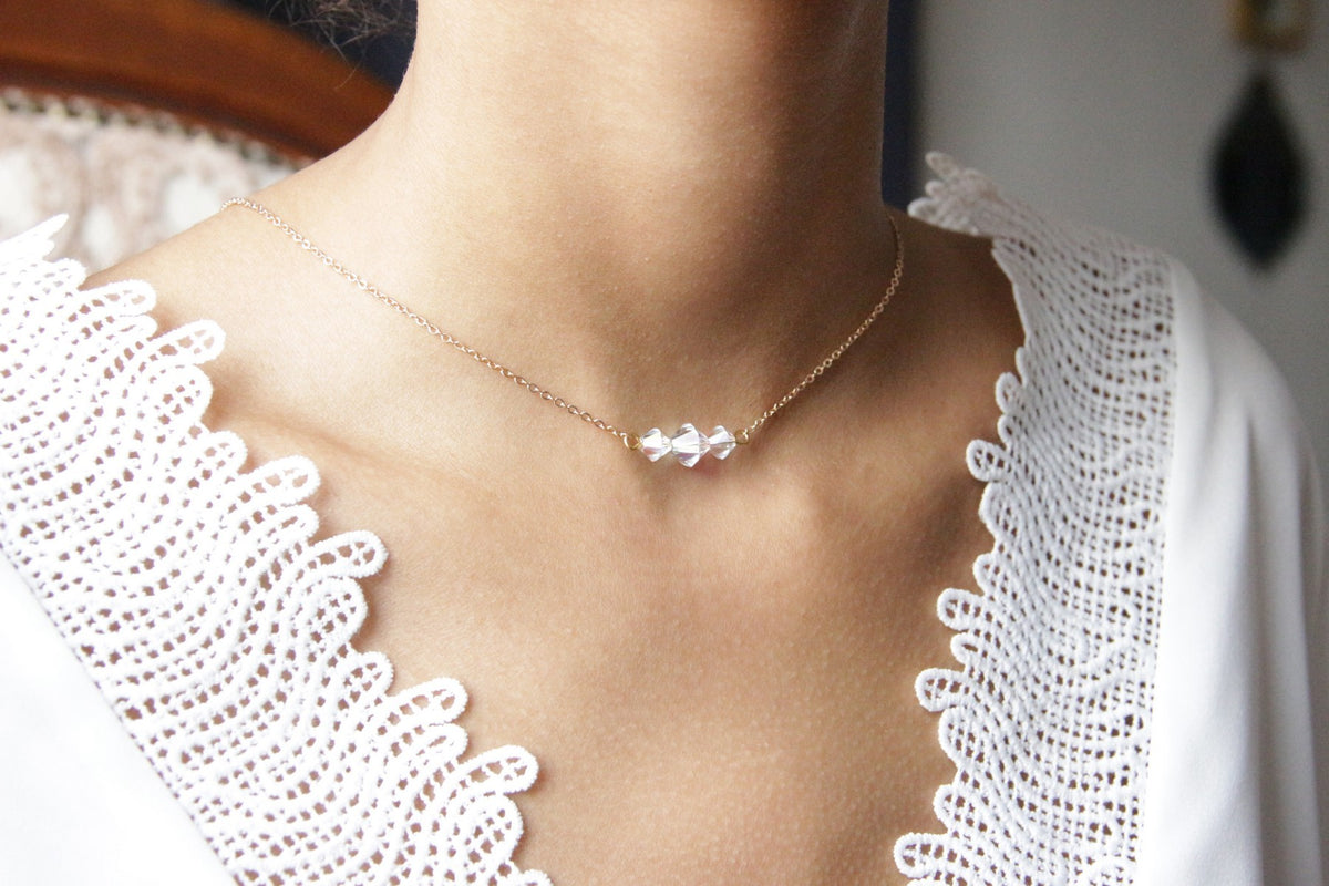 Collier de mariée trio de cristal reflets AB aurore boréale