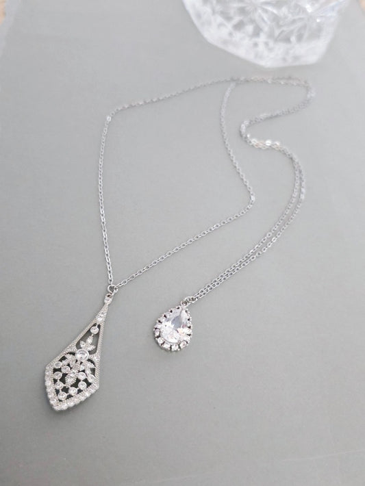Collier mariage de dos argenté oxydes de zirconium losange allongé - Prêt à porter