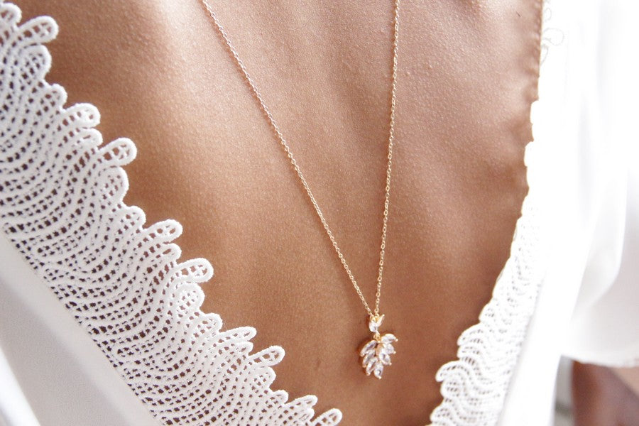 Bijoux de dos, collier mariage de dos feuilles de palmier