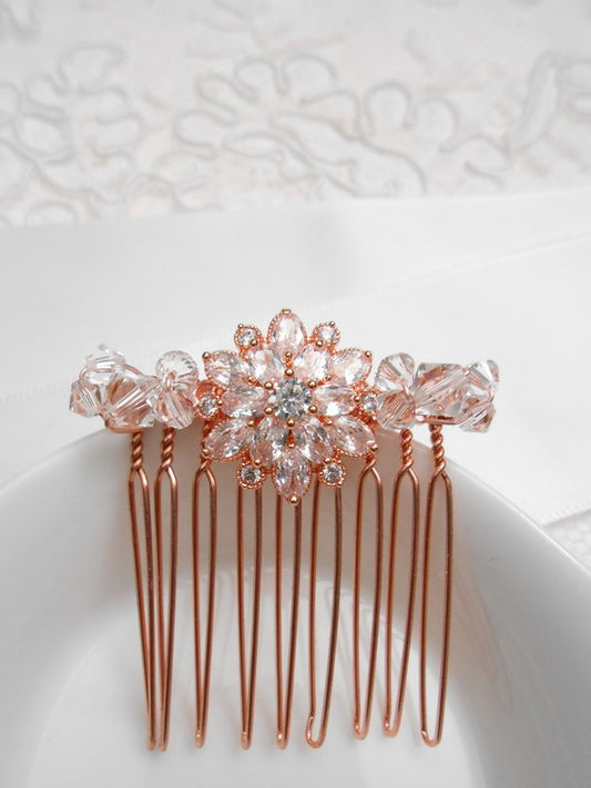 Peigne de mariée rosace rose gold et perles en cristal
