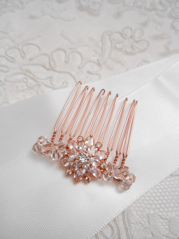 Peigne de mariée rosace rose gold et perles en cristal