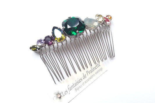 Caréa peigne cheveux cabochons en cristal multicolore, vert, jaune, parme