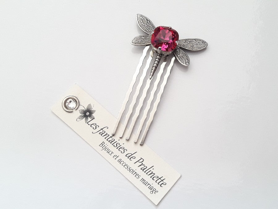 Peigne libellule et cabochon en cristal rose fuchsia, bijoux mariage, bijoux intemporels, bijoux cristal