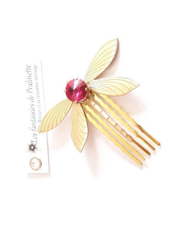 Peigne libellule et cabochon en cristal rose fuchsia, bijoux mariage, bijoux intemporels, bijoux cristal