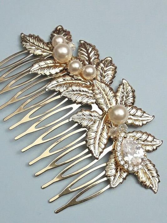 Peigne mariage feuilles zircons et perles