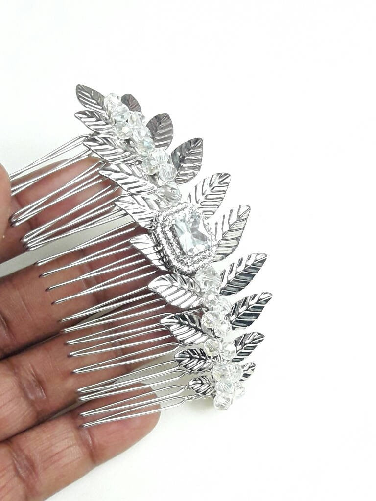 Peigne mariage feuilles cristal et zircons rectangle
