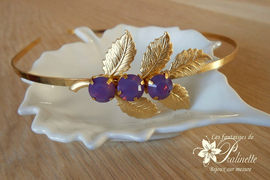 Serre-tête headband branche feuilles dorées rebrodées de cristaux