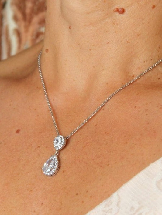Soane pendentif collier de mariage deux gouttes cristal oxyde de zirconium serti et strass sur fine chaine