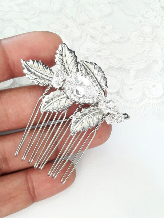 Tiena peigne mariage feuilles cristal et oxydes de zirconium