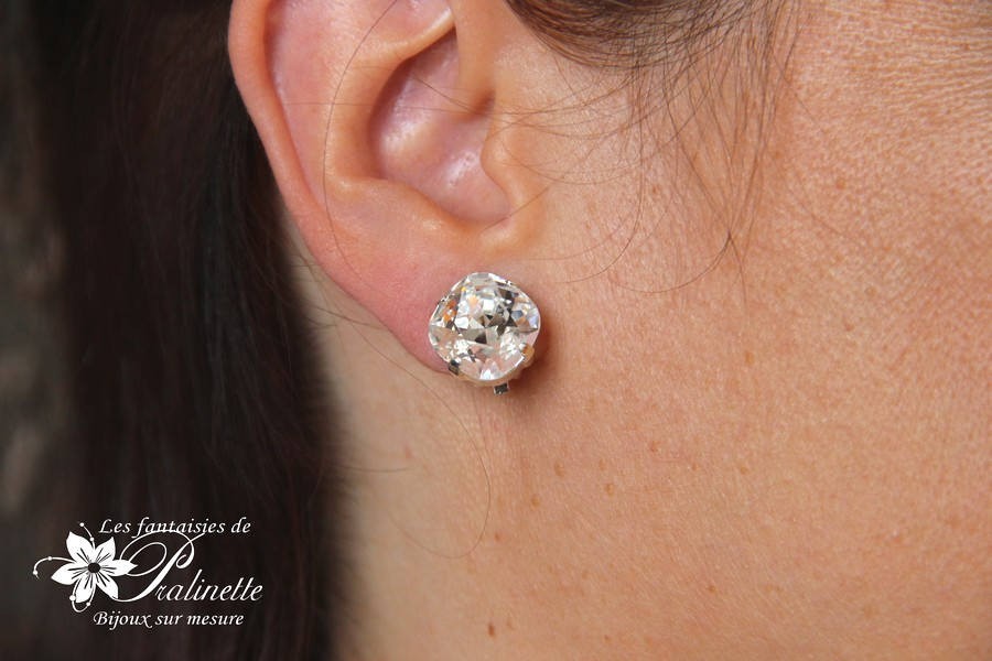 Clips d'oreilles cristal carré, boucles pour oreilles non percées