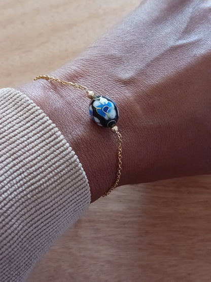 Bracelet en acier inoxydable, perle cloisonnée et perles en gold filled
