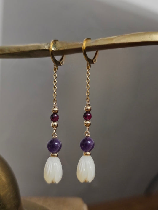 Boucles d'oreilles fleurs de nacre, améthyste et grenat