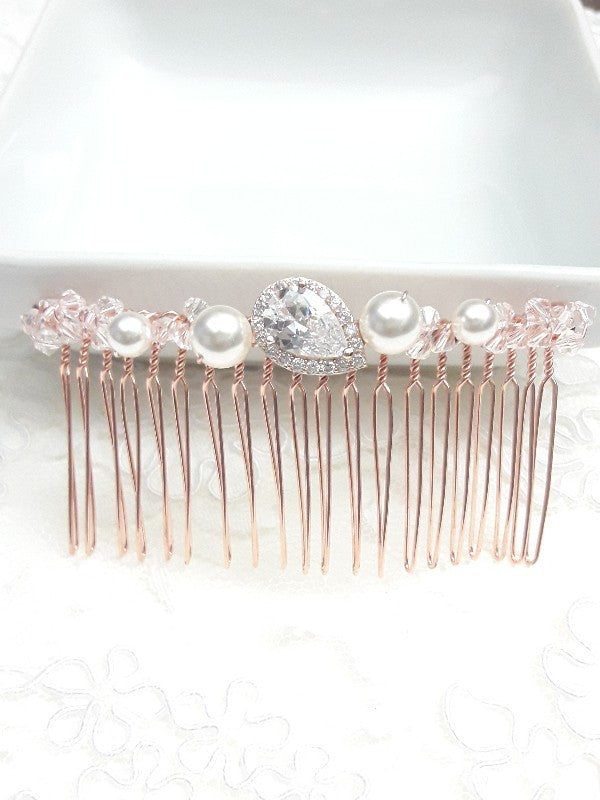 Laurencia peigne mariée rose gold oxyde de zirconium et perles en cristal