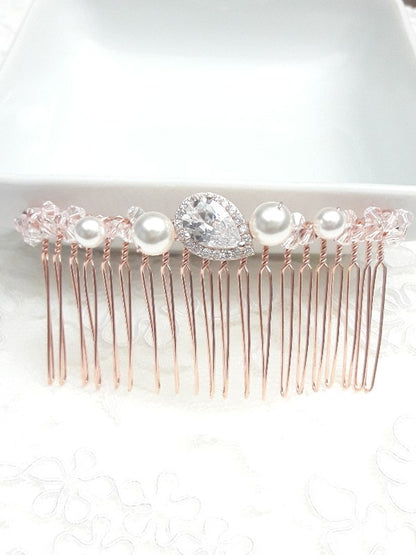 Laurencia peigne mariée rose gold oxyde de zirconium et perles en cristal