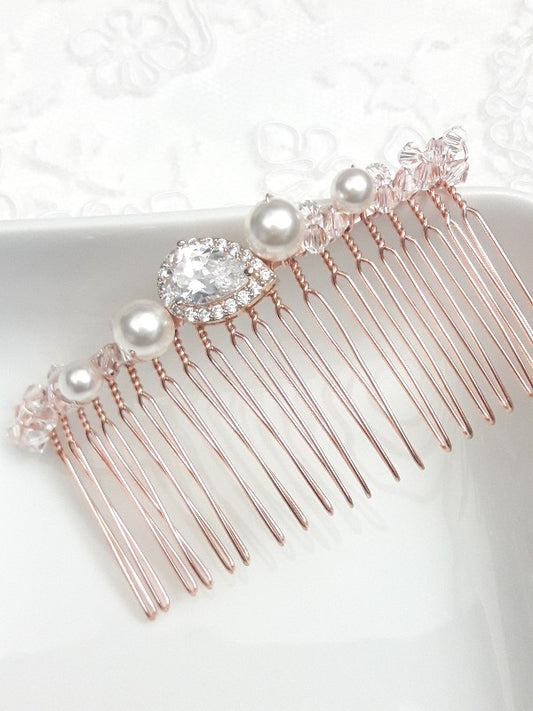 Laurencia peigne mariée rose gold oxyde de zirconium et perles en cristal