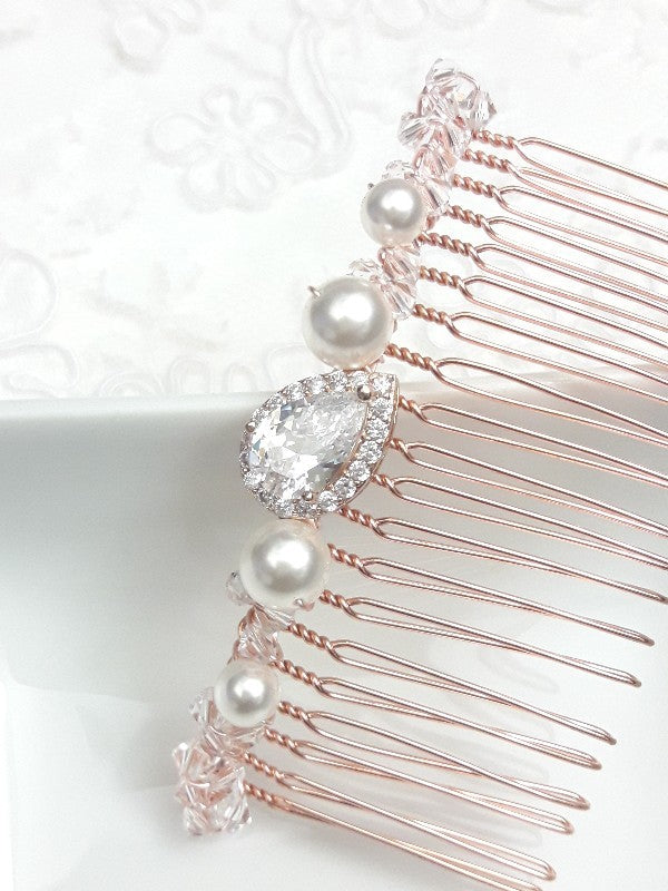 Laurencia peigne mariée rose gold oxyde de zirconium et perles en cristal