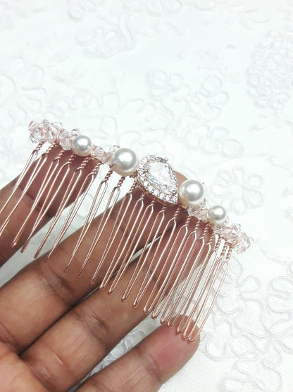 Laurencia peigne mariée rose gold oxyde de zirconium et perles en cristal