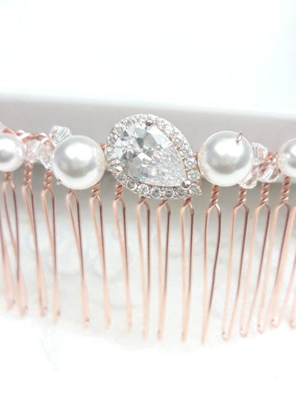 Laurencia peigne mariée rose gold oxyde de zirconium et perles en cristal