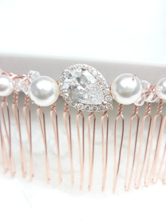 Laurencia peigne mariée rose gold oxyde de zirconium et perles en cristal