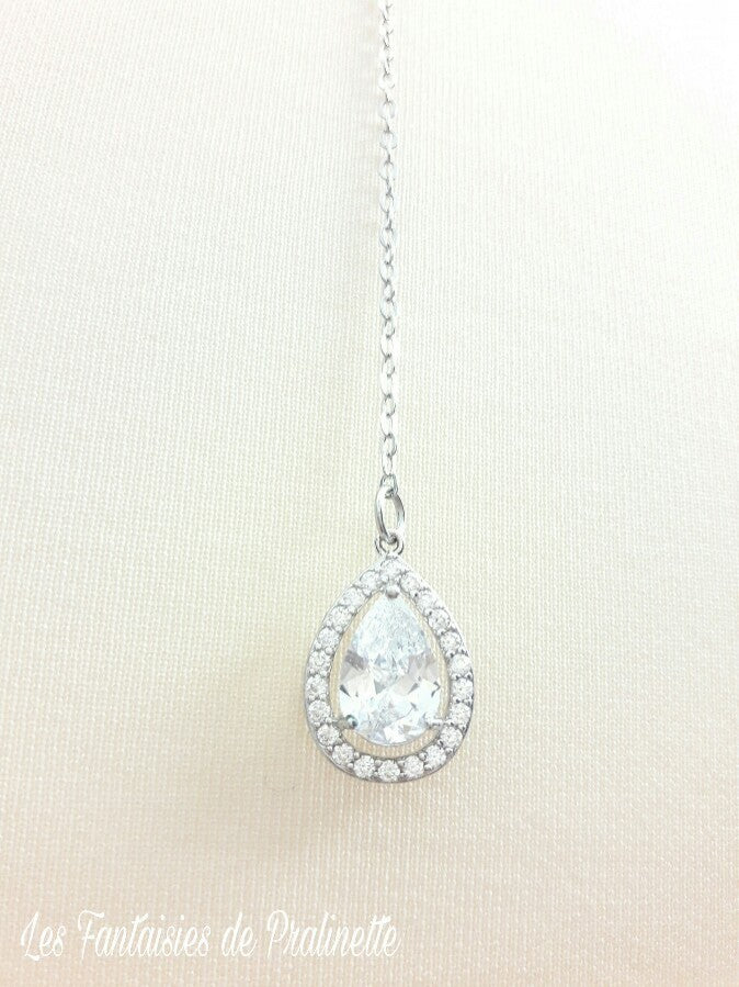 Ana-Malia bijou de dos mariage goutte sertie et strass, pendentif oxyde de zirconium, bijou de dos mariée