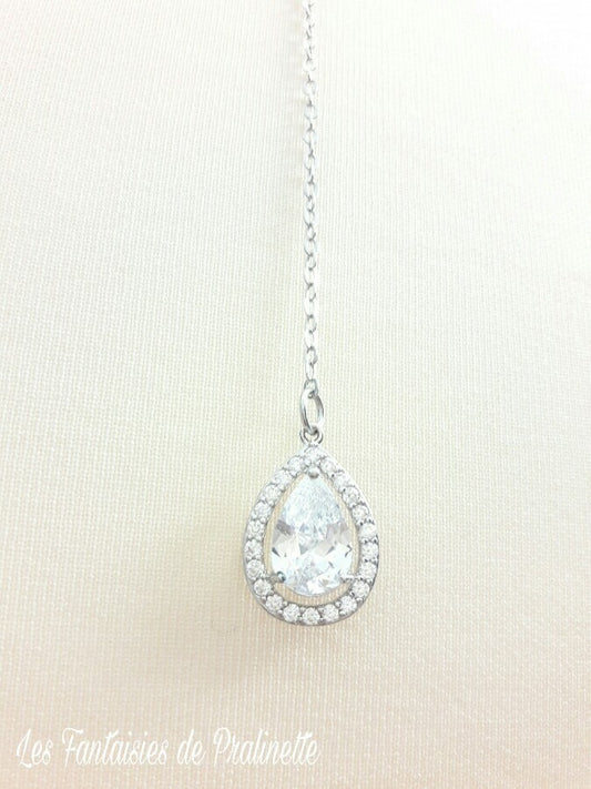Ana-Malia bijou de dos mariage goutte sertie et strass, pendentif oxyde de zirconium, bijou de dos mariée