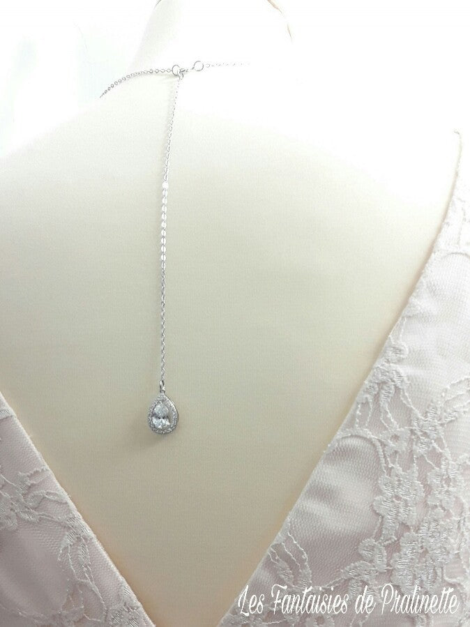 Ana-Malia bijou de dos mariage goutte sertie et strass, pendentif oxyde de zirconium, bijou de dos mariée