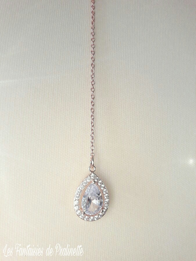 Ana-Malia bijou de dos mariage goutte sertie et strass rose gold, pendentif oxyde de zirconium, bijou de dos mariée