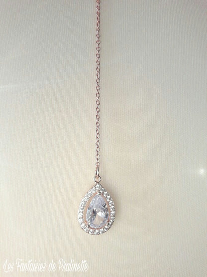 Ana-Malia bijou de dos mariage goutte sertie et strass rose gold, pendentif oxyde de zirconium, bijou de dos mariée