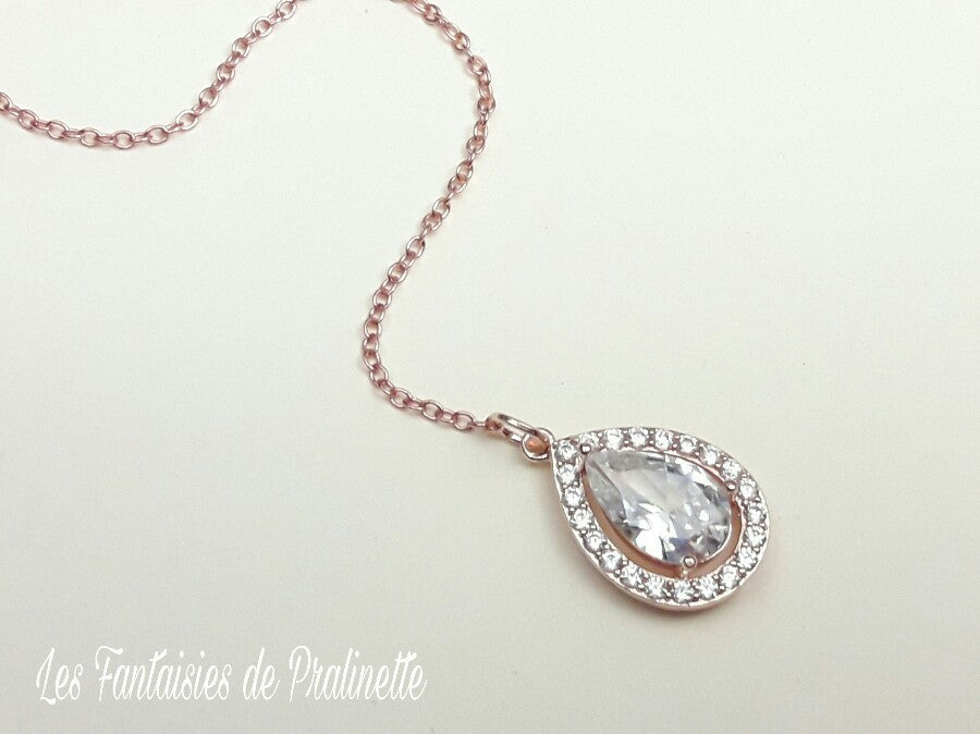 Ana-Malia bijou de dos mariage goutte sertie et strass rose gold, pendentif oxyde de zirconium, bijou de dos mariée