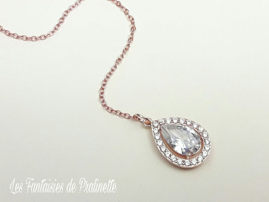 Ana-Malia bijou de dos mariage goutte sertie et strass rose gold, pendentif oxyde de zirconium, bijou de dos mariée