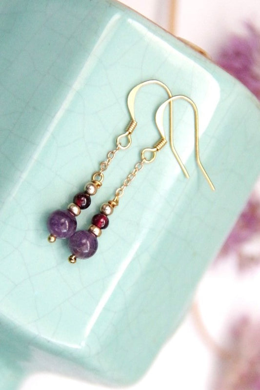 Crochets boucles d'oreilles Mathil pendantes améthyste et grenat