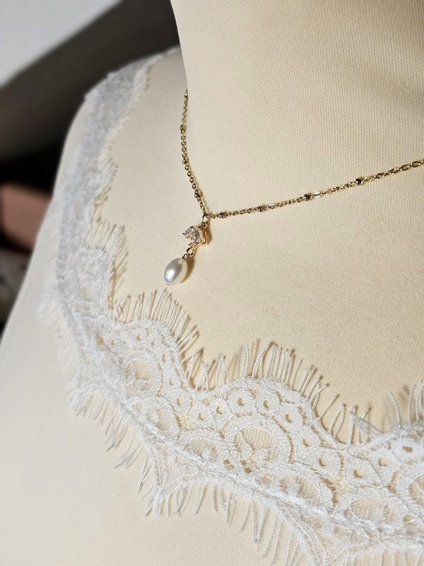 Collier mariage bijoux de dos zirconium et perle de culture - Prêt à porter