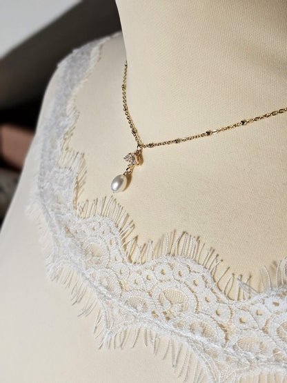 Collier mariage bijoux de dos zirconium et perle de culture - Prêt à porter