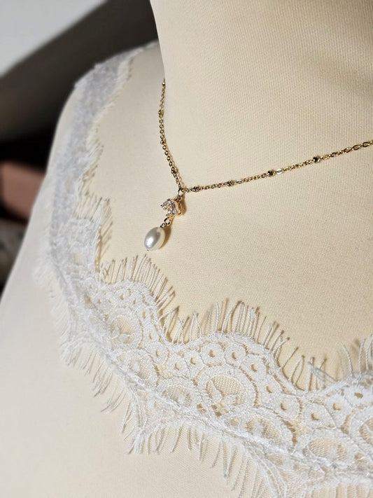 Collier mariage bijoux de dos zirconium et perle de culture - Prêt à porter