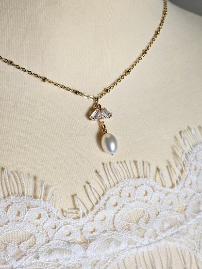 Collier mariage bijoux de dos zirconium et perle de culture - Prêt à porter