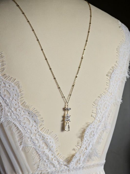 Collier mariage bijoux de dos zirconium et perle de culture - Prêt à porter