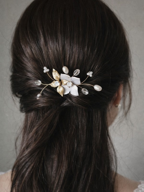 Pic à chignon fleur en soie et dorée