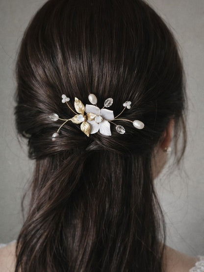 Pic à chignon fleur en soie et dorée