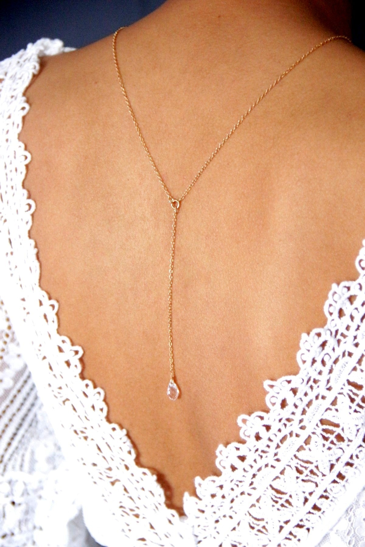 Collier de mariage solitaire et bijou de dos cristal Naila