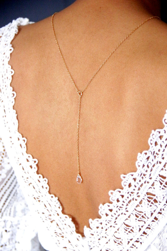 Collier de mariage solitaire et bijou de dos cristal Naila