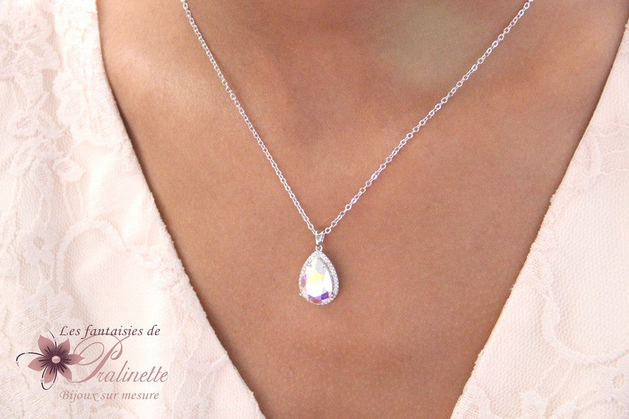 Rosalinda collier pendentif mariée goutte en cristal et strass zirconium