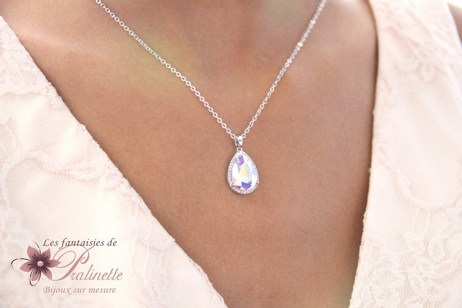 Rosalinda collier pendentif mariée goutte en cristal et strass zirconium