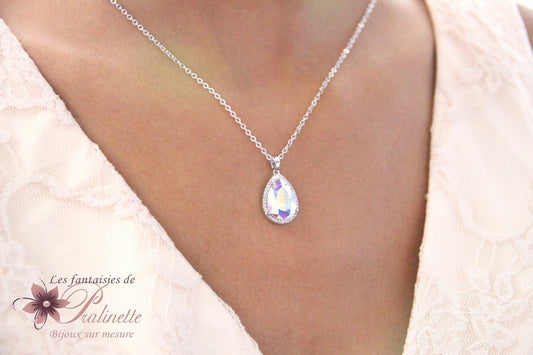Rosalinda collier pendentif mariée goutte en cristal et strass zirconium