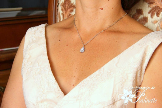 Dorisse pendentif collier de mariage goutte en cristal oxyde de zirconium serti et strass sur fine chaine