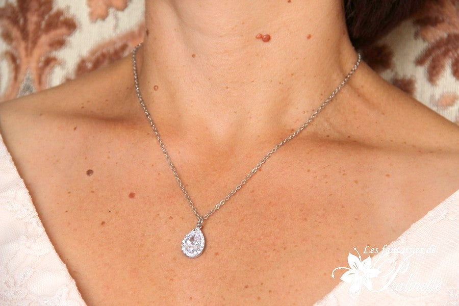 Dorisse pendentif collier de mariage goutte en cristal oxyde de zirconium serti et strass sur fine chaine