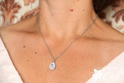 Dorisse pendentif collier de mariage goutte en cristal oxyde de zirconium serti et strass sur fine chaine